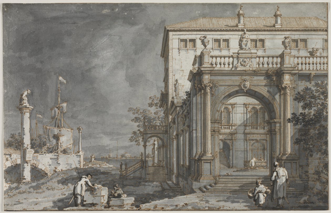 Capriccio: Um palácio com um pátio à beira da lagoa, c. 1750-1755. de Giovanni Antonio Canal
