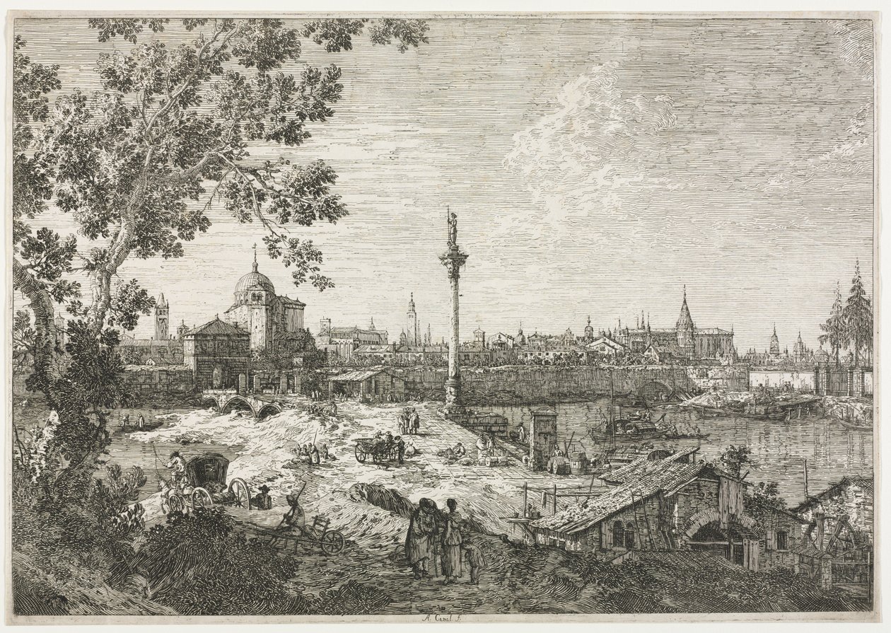 Panorama de uma cidade em um rio de Antonio Canaletto