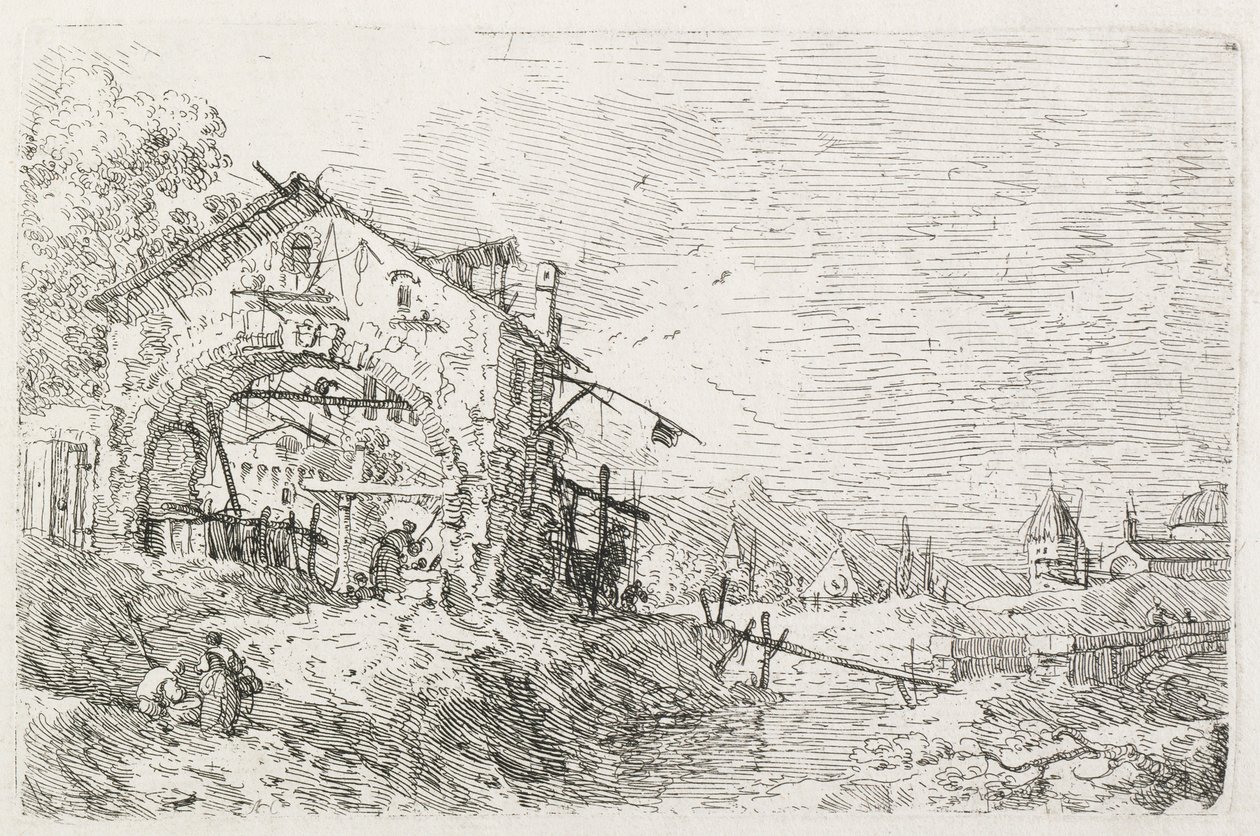 Visualizações: Uma mulher desenhando água sob um arco de Antonio Canaletto