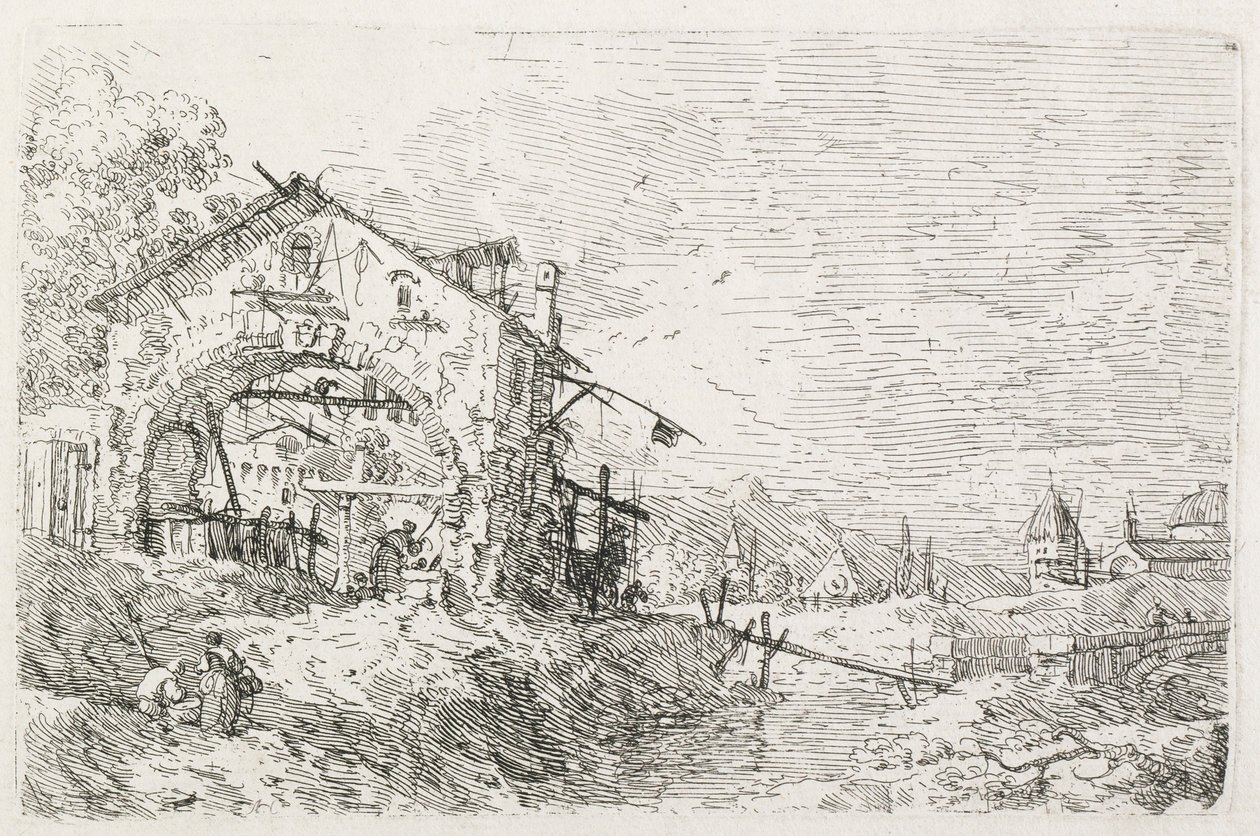 Exibições: Uma mulher desenhando água sob um arco, 1735-1746. de Giovanni Antonio Canal