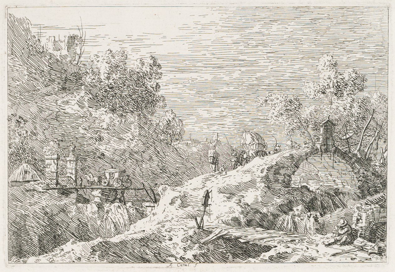 Vistas: Paisagem montanhosa com cinco pontes de Antonio Canaletto