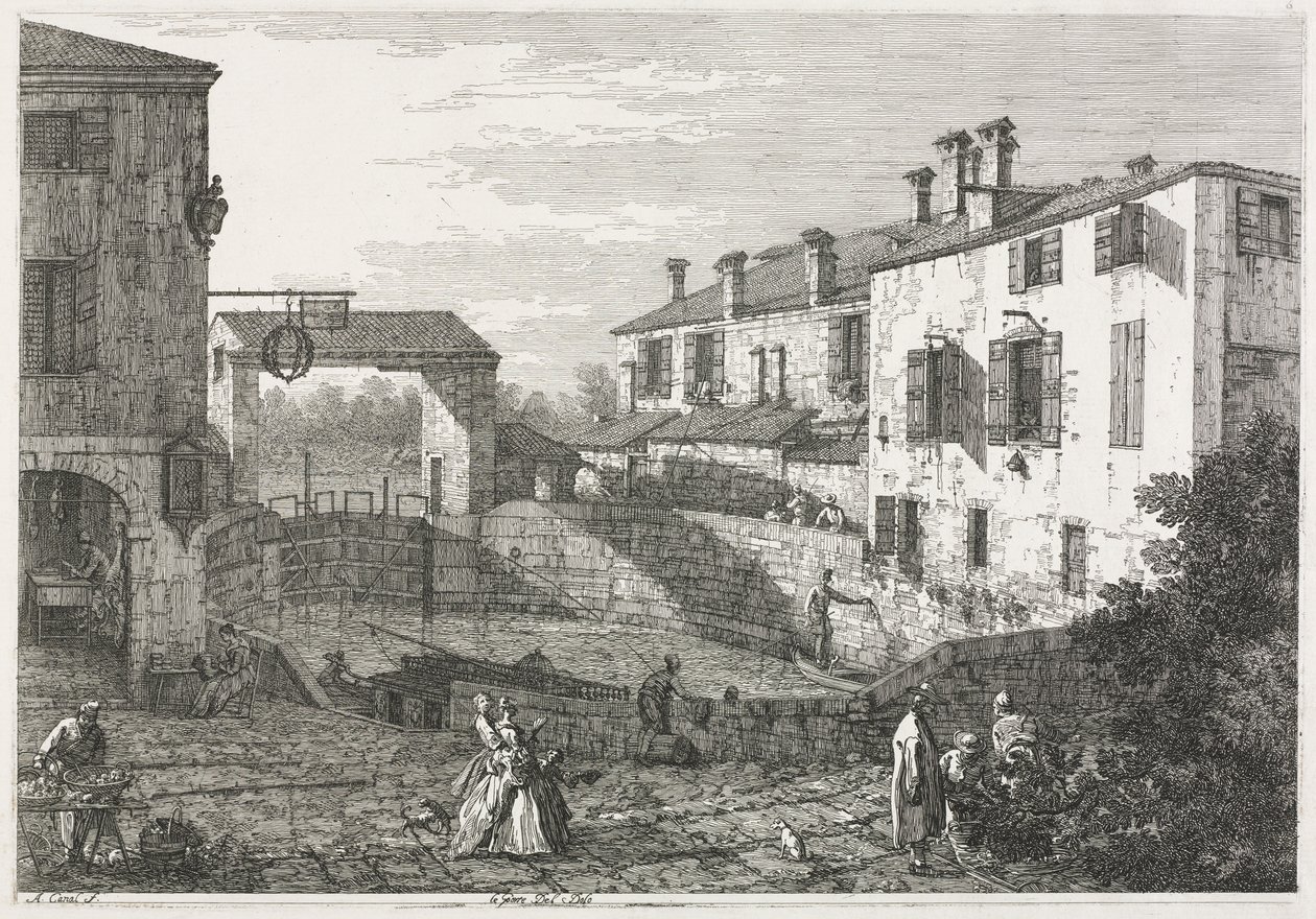 Vistas: The Canal Lock em Dolo de Antonio Canaletto