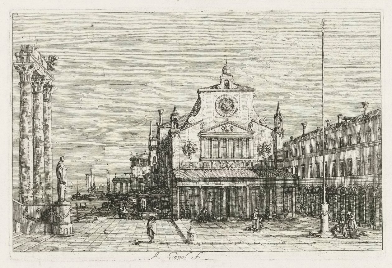 Exibições: Três colunas e uma estátua na costa do mar, 1735-1746. de Giovanni Antonio Canal