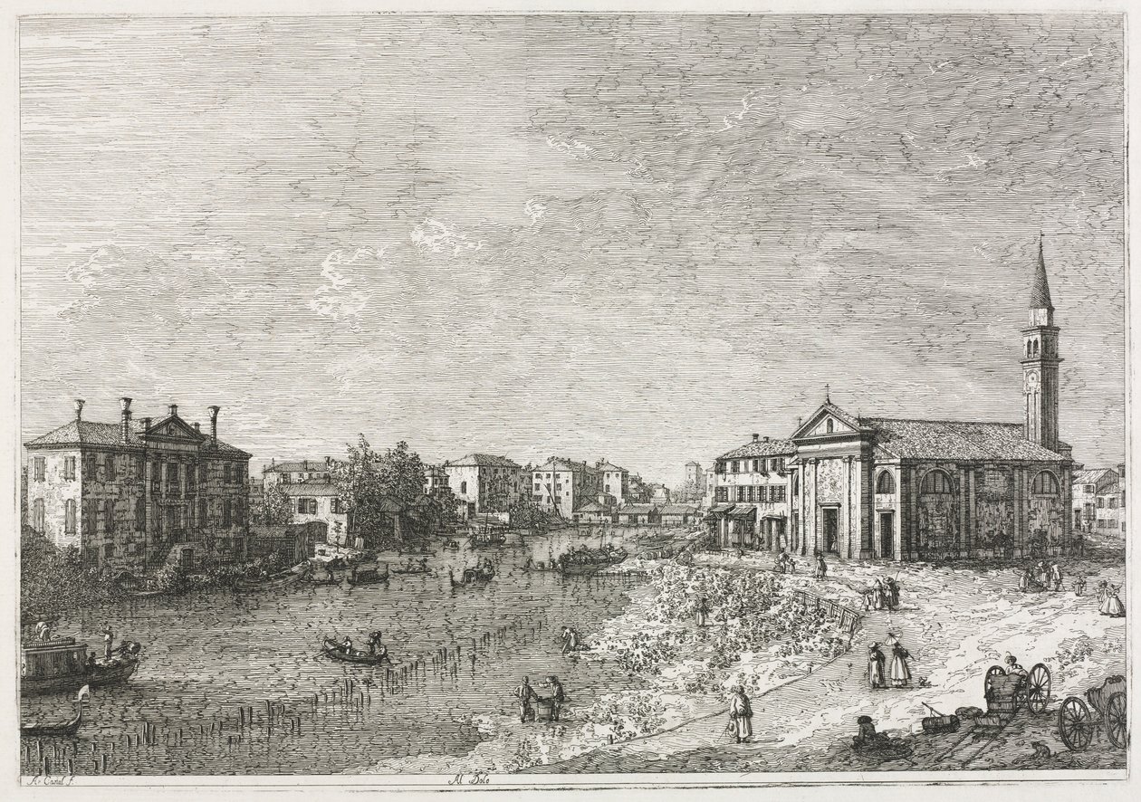 Vista: Vista de Dolo, uma cidade no Brenta, oeste de Veneza, 1735-1746. de Giovanni Antonio Canal