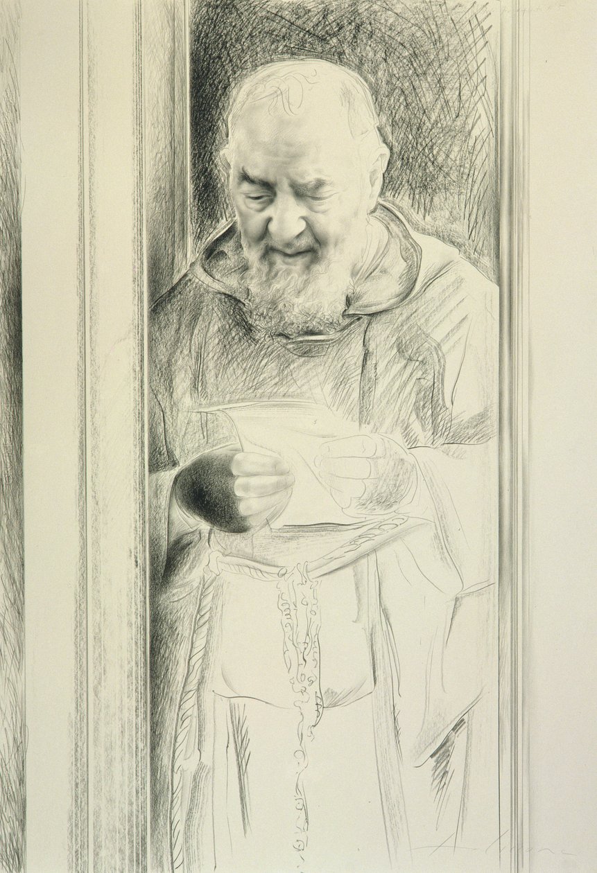 Padre Pio Reading, 1988-89 (carvão no papel) de Antonio Ciccone