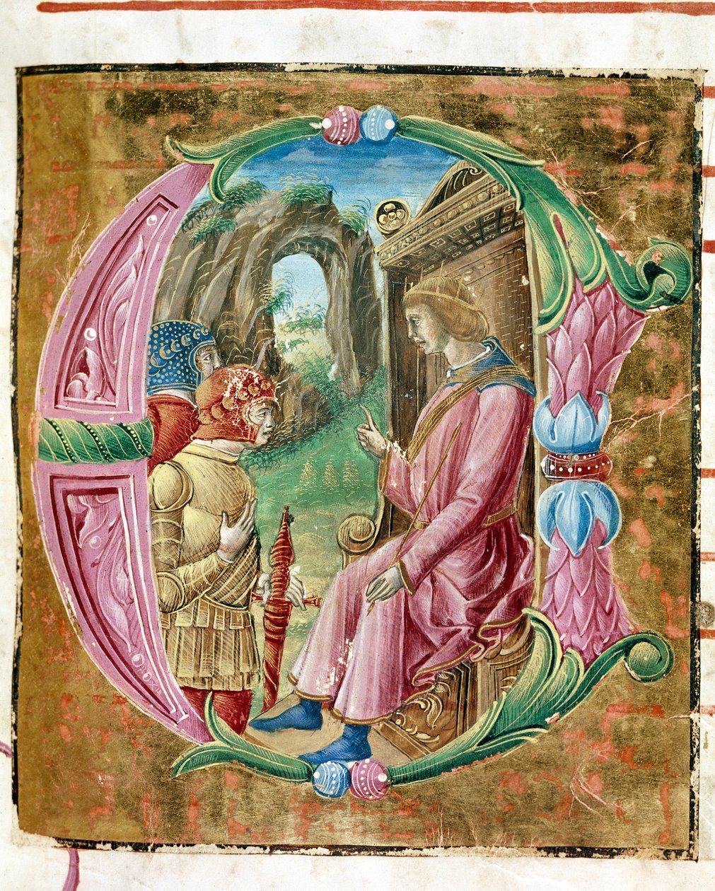 Herodes I o Grande (73-4 AC) ordenando o massacre da inocente Lettrina iluminada por Antonio Cicognari. Detalhe de um anti-fonário. 1483. Cremone, coral 4, capitolo del duomo de Antonio Cicognara