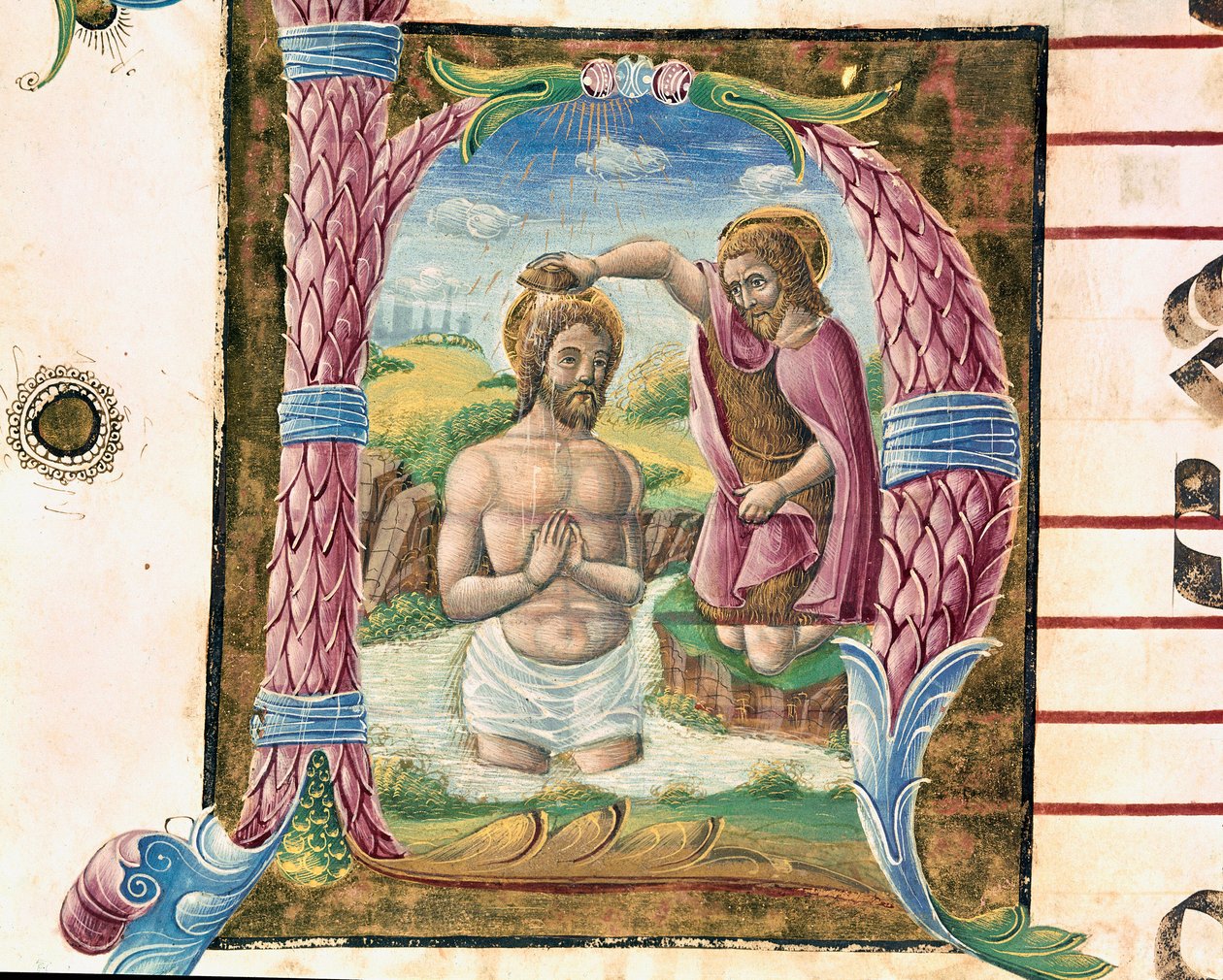 O batismo do Cristo Lettrino iluminado por Antonio Cicognari. Detalhe de um anti-fonário. 1483. Cremone, coral 4, capitolo del duomo de Antonio Cicognara