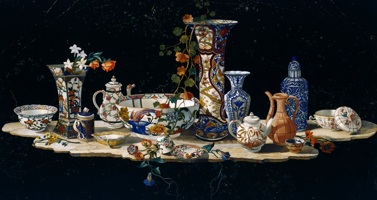 Tampo com vasos de porcelana, ca. 1797, mosaico de pedra semi-preciosa sobre mármore, criado nas oficinas Grand Ducal em Florença a partir de modelo de Antonio Cioci (activo na segunda metade do século XVIII), Itália, cultura italiana de Antonio Cioci or Ciocchi