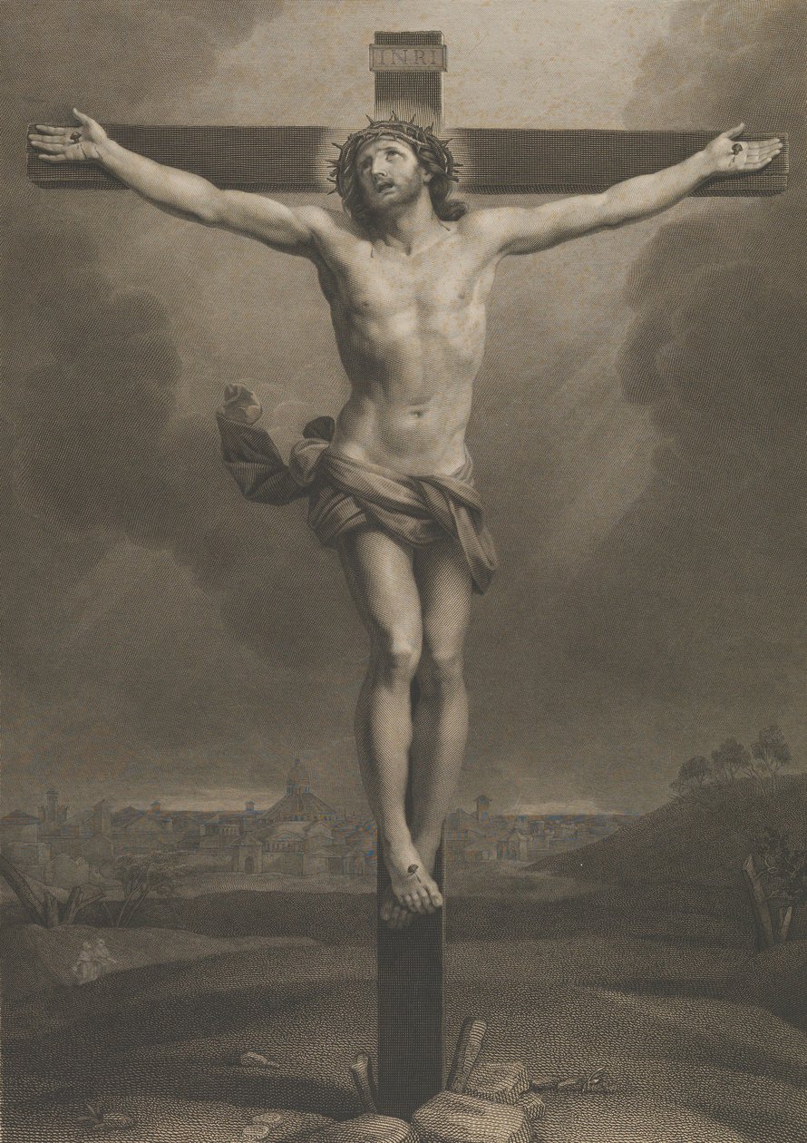 Cristo na cruz, uma cidade ao fundo, depois de Reni, 1850-88. de Antonio Dalco