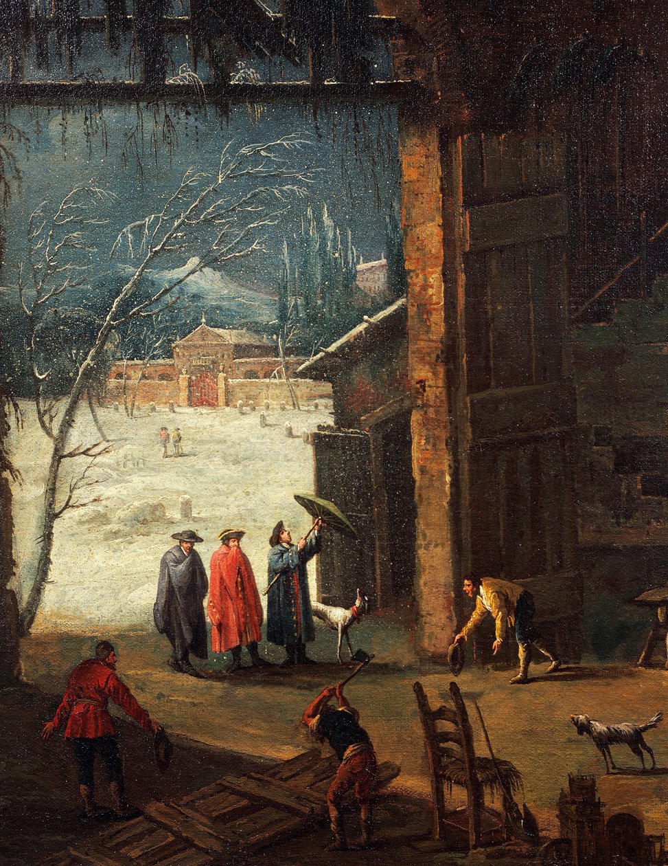O inverno, a chegada de um nobre à vila, por Antonio Diziani (1737-1797), pintor. Detalhe. de Antonio Diziani