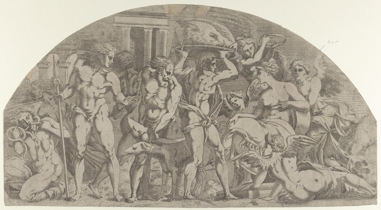 Meleager trazendo a cabeça do javali para Atalanta, 1540-45. de Antonio Fantuzzi