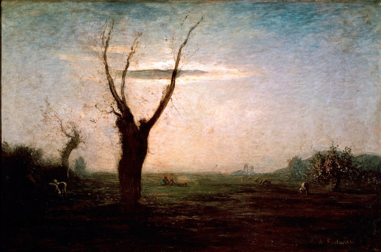 April Landscape of late winter with a tree still without leaves (Paisagem de Abril do final do Inverno com uma árvore ainda sem folhas). Pintura de" Antonio Fontanesi (1812-1882) de Antonio Fontanesi