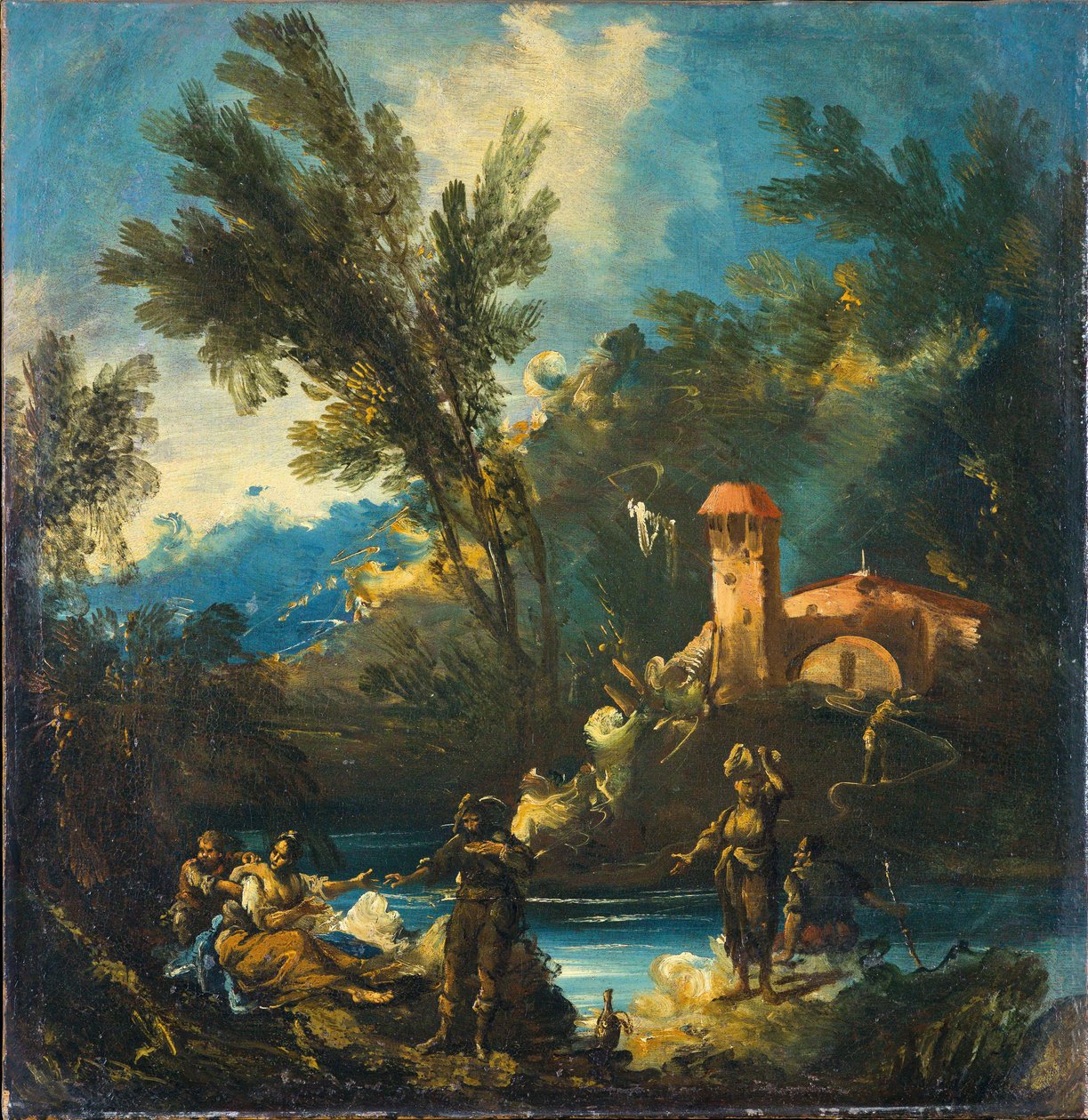 Uma paisagem fluvial arborizada com figuras de Antonio Francesco Peruzzini