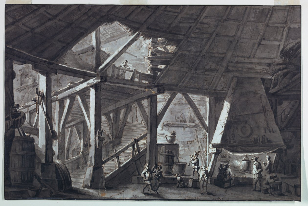 Design de palco, interior de prédio de fazenda em ruínas de Antonio Giuseppe Basoli