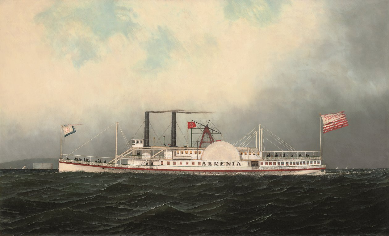 O barco a vapor Armenia, da Hudson River Day Line, a passar pelo Forte Lafayette, no porto de Nova Iorque (óleo sobre tela) de Antonio Jacobsen
