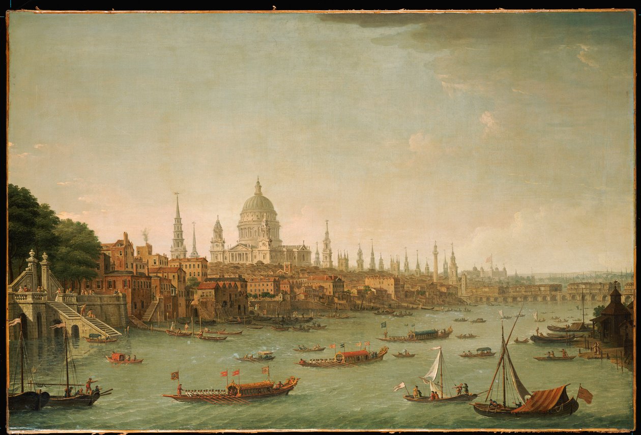 Vista panorâmica da cidade de Londres a partir do Tamisa, perto do portão de água da Somerset House de Antonio Joli