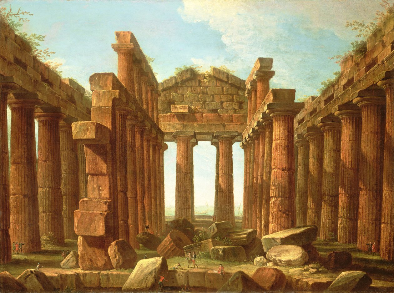 Figuras Admirando o Templo de Netuno em Paestum de Antonio Joli