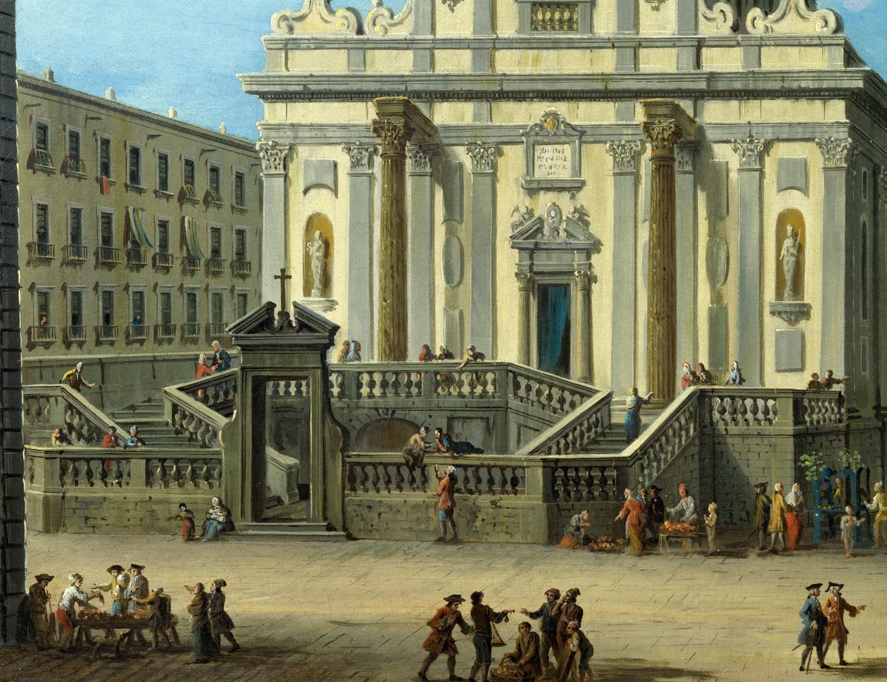 Praça San Gaetano com Basílica de San Paolo Maggiore em Nápoles, detalhe de Antonio Joli