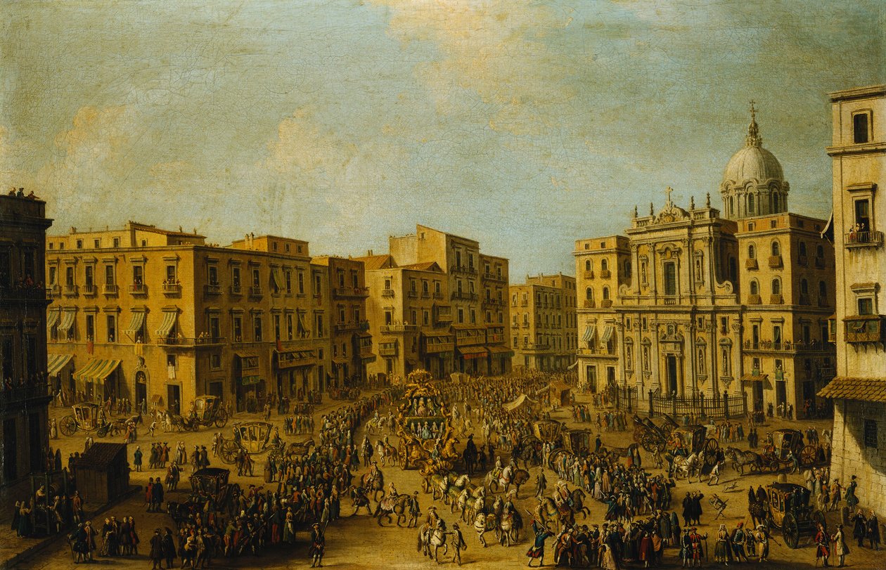 O Largo San Ferdinando, Nápoles, na época do carnaval, com a carruagem real se aproximando do Palazzo Reale, de Antonio Joli