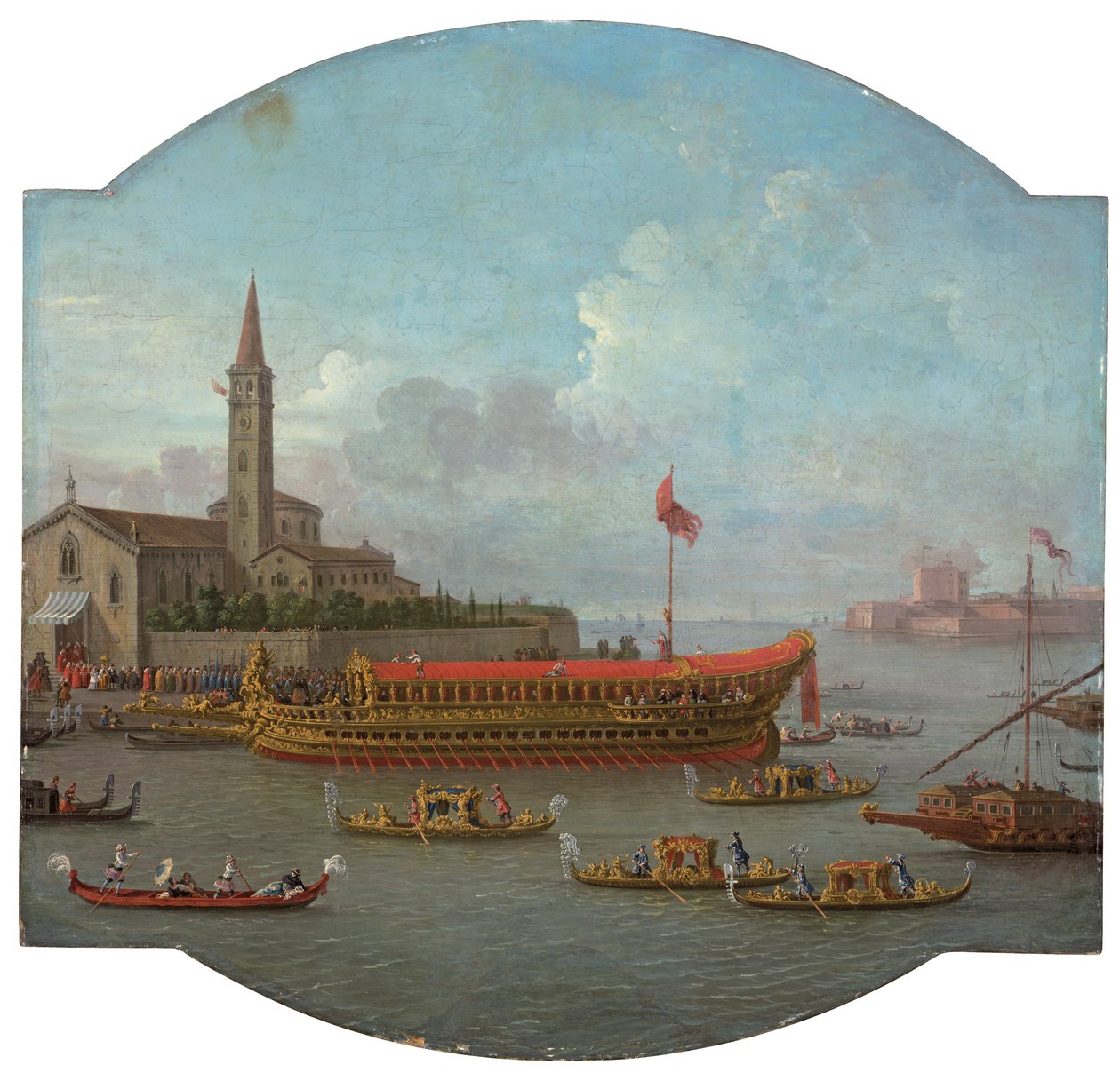 Vista do Bucintoro ancorado em frente a San Nicolo al Lido, Veneza, para a cerimônia do Sposalizio del Mare de Antonio Joli