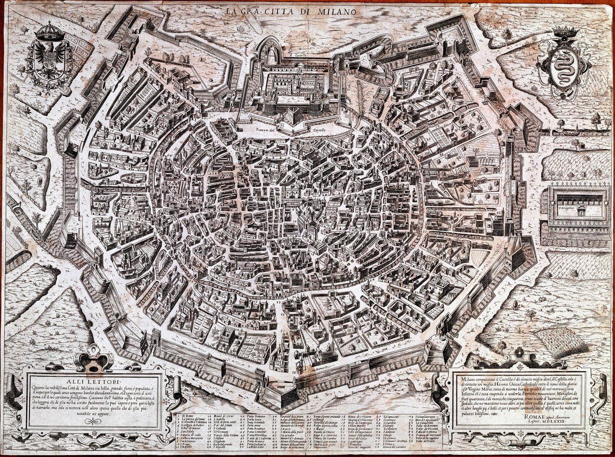 Mapa da cidade de Milão, editado por Antonio Lafreri (Lafrery ou Lanfrerius) (1512-1577) em 1573. Este é o mapa mais antigo da cidade. Milão, Museu de Milão - Mapa de Milão. O mapa mais antigo da cidade em 1573, editado por Antonio Lafreri. Itália, Museu d de Antonio Lafreri