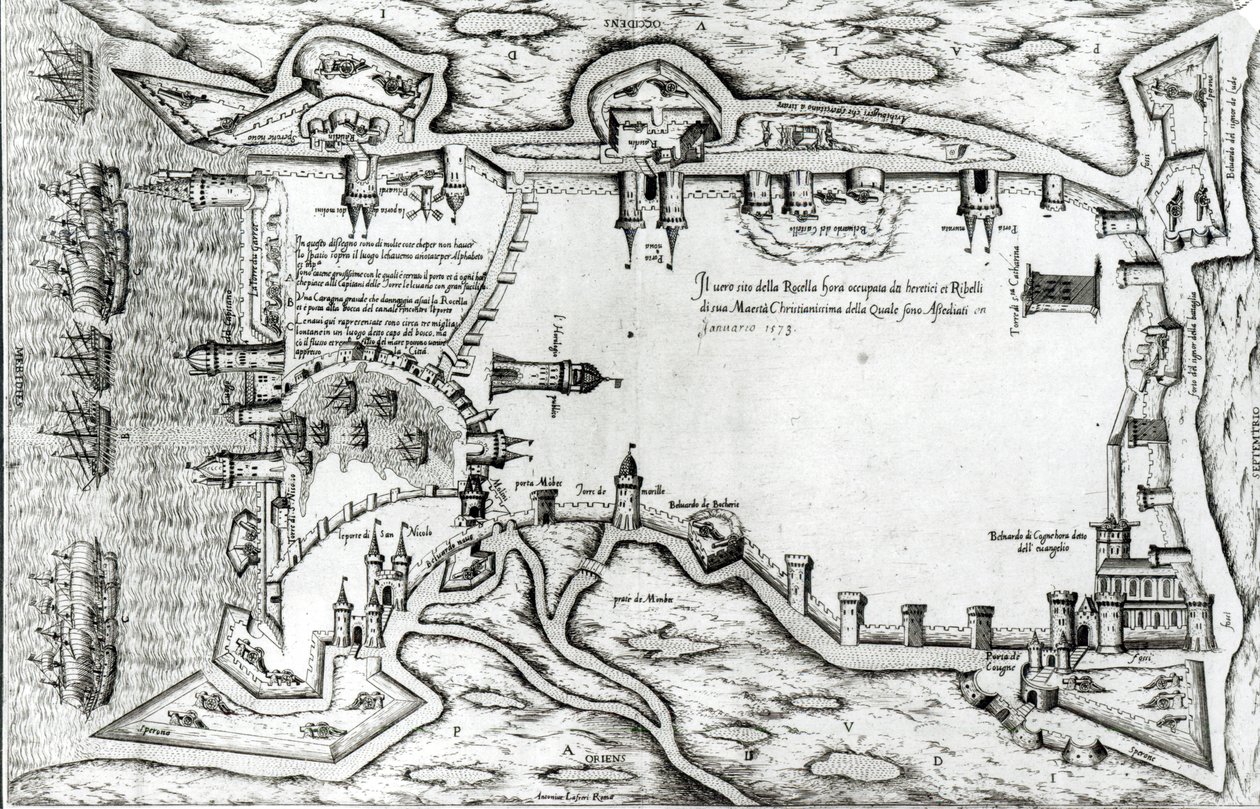 Mapa ilustrando La Rochelle ocupado pelos huguenotes de Antonio Lafreri