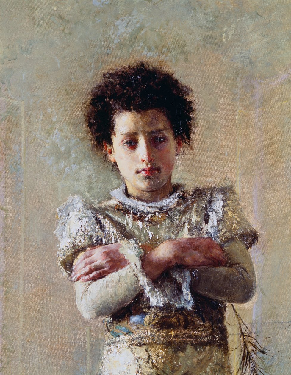 Acrobat, detalhe, por Antonio Mancini (1852-1930), óleo sobre tela, 250,5x111,5 cm de Antonio Mancini