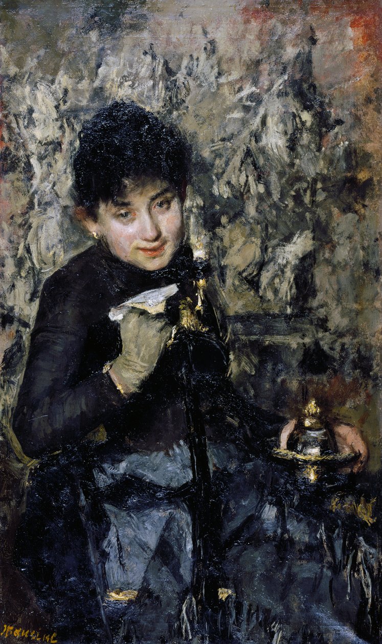 Mulher com tinteiro, ca. 1875, de Antonio Mancini (1852-1930), óleo sobre tela de Antonio Mancini