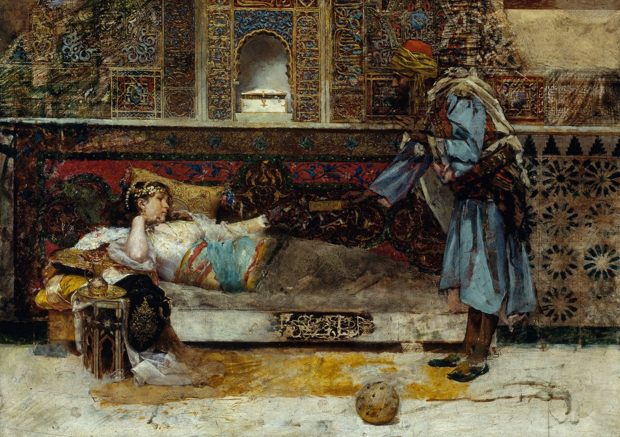 O Presente do Sultão - Pintura de Antonio Maria Fabres y Costa (1854-1936), óleo sobre madeira (29x41,5 cm) de Antonio Maria Fabres y Costa