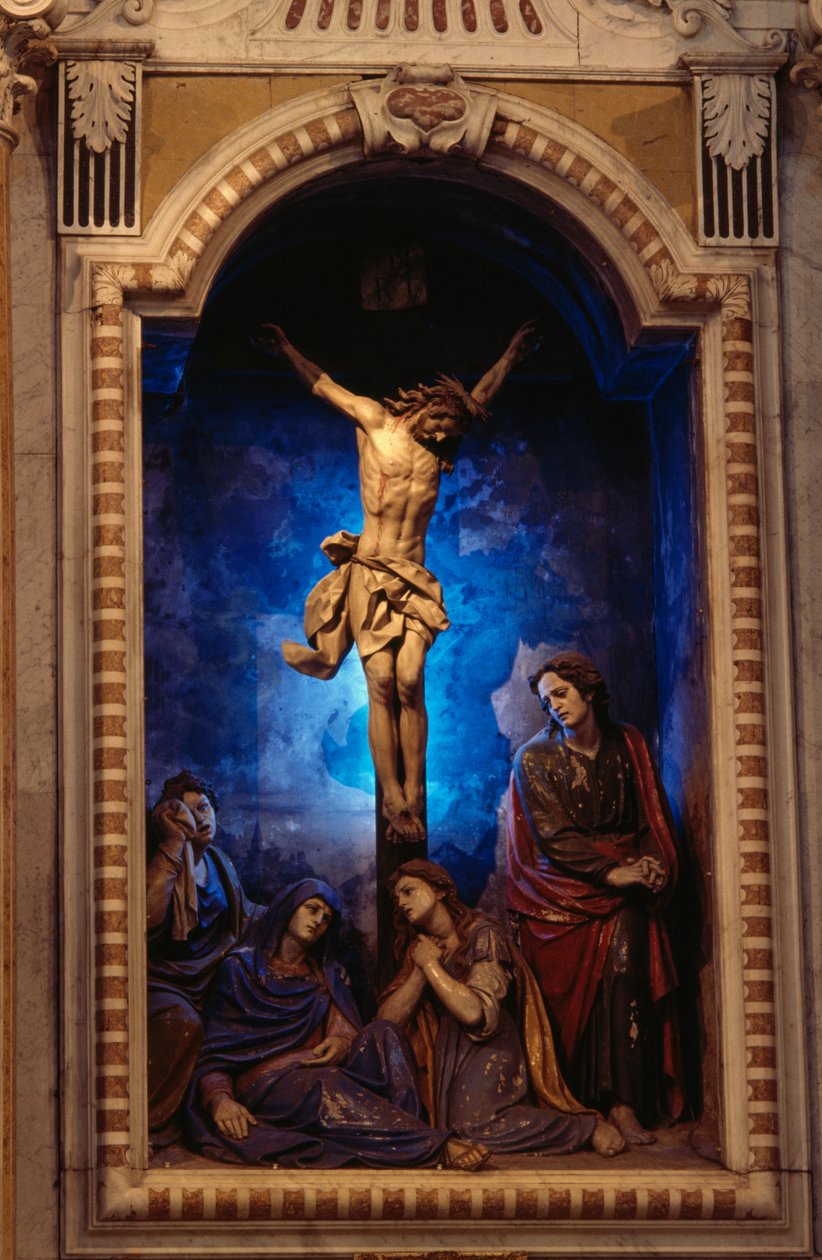 Crucificação, de Anton Maria Maragliano (1664-1739), Capela do Crucifixo, Santuário de Nossa Senhora da Acquasanta, Acquasanta, Génova, Ligúria, Itália de Antonio Maria Maragliano