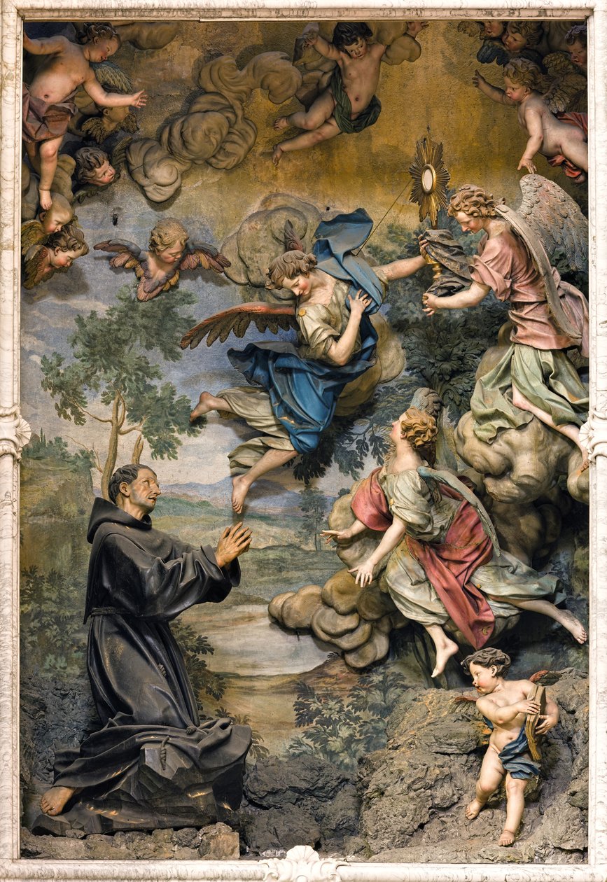 San Pasquale Baylon em adoração (fresco sobre madeira esculpida) de Antonio Maria Maragliano