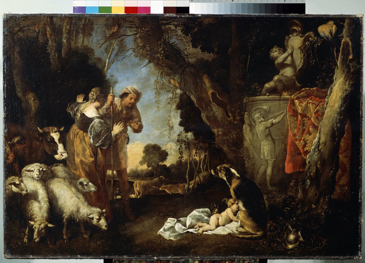 A infância do rei Ciro. Ciro II ou Ciro o Grande (ca. 559 a.C. - 529 a.C.), fundador do Império Persa. O bebé é acolhido e amamentado por uma cadela. Pintura de Antonio Maria Vassallo (ca. 1620-1664/1673). H de Antonio Maria Vassallo