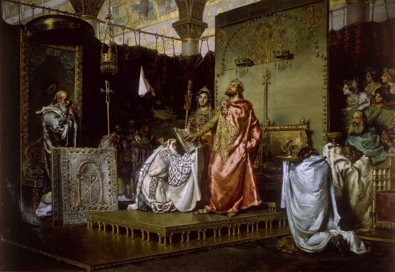 Conversão dos Recarregados ao Catolicismo no Concílio III de Toledo, 589, 1888 de Antonio Munoz Degrain