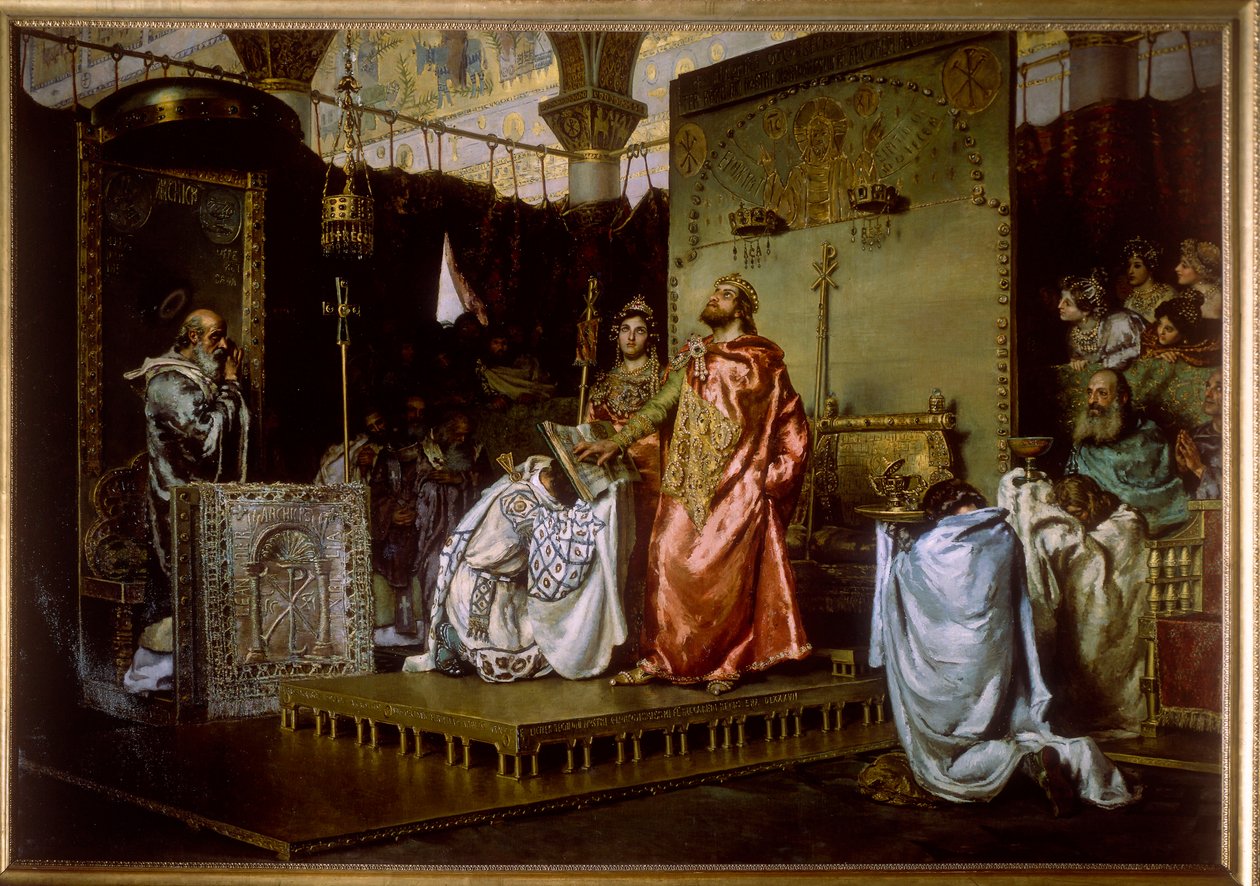 Troisieme concile de Tolede (589) - Conversion de Recarede Ier (559-601) au catholocisme - Conversion of Reccared to Catholicism at the Council III of Toledo, 589 - Peinture de Munoz Degrain, Antonio (1840-1924) de Antonio Munoz Degrain