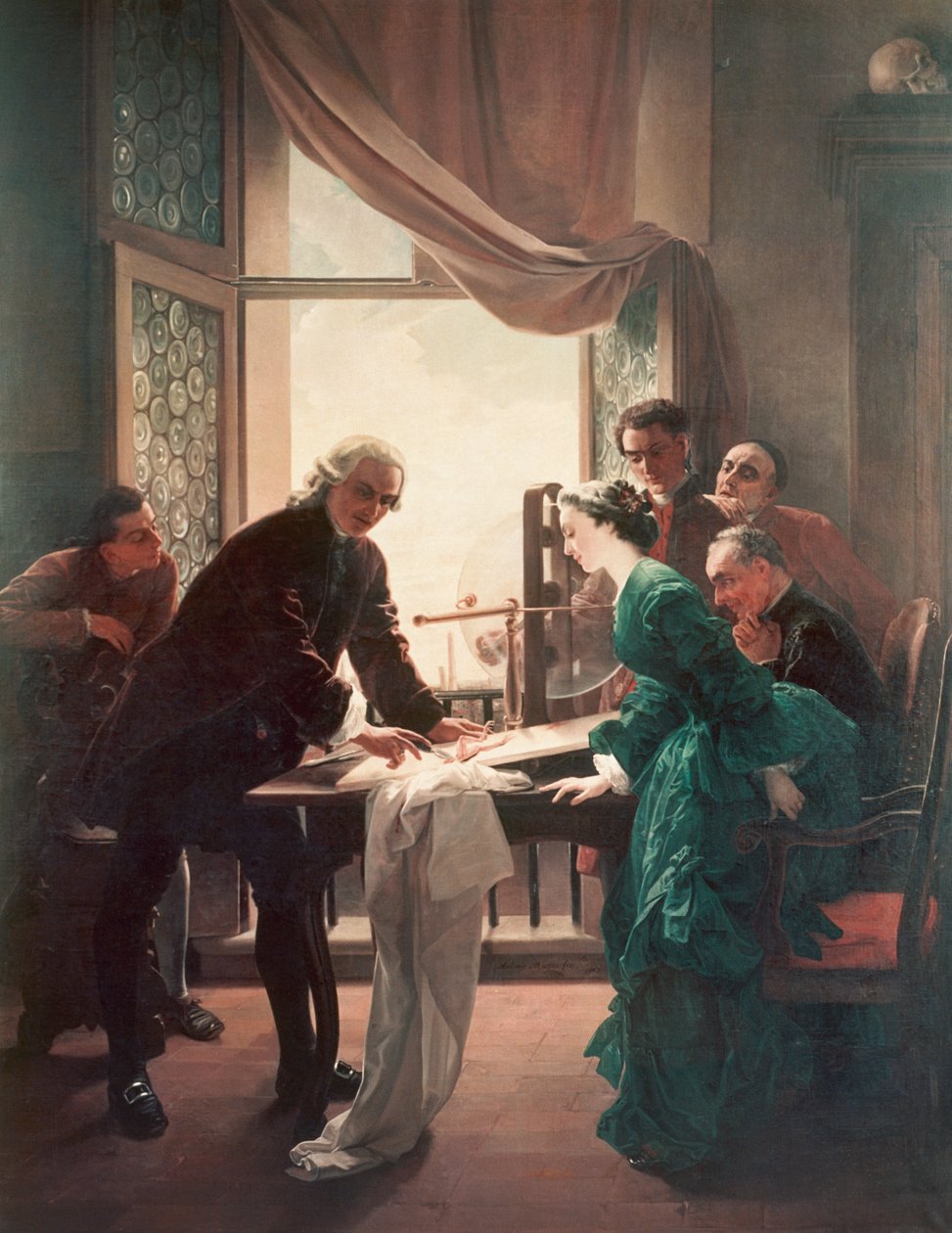 Luigi Galvani (1737-1798) fazendo experimentos com sapos, auxiliado por sua esposa Lucia Galeazzi de Antonio Muzzi