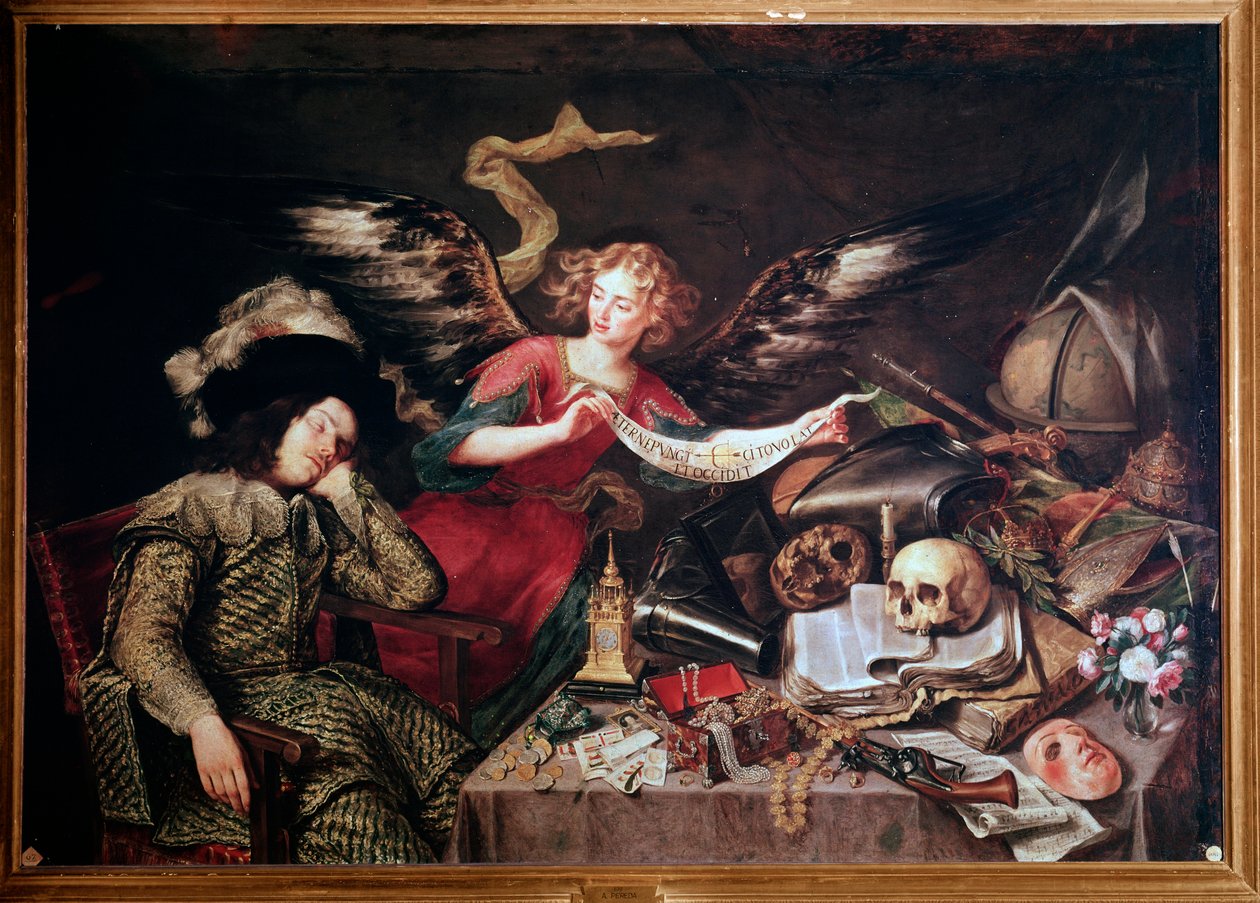 Um anjo mostra o sonho de um cavaleiro adormecido, feito de vaidade e orgulho, jogo, dinheiro, jóias (Pintura de Antonio Pereda y Salgado