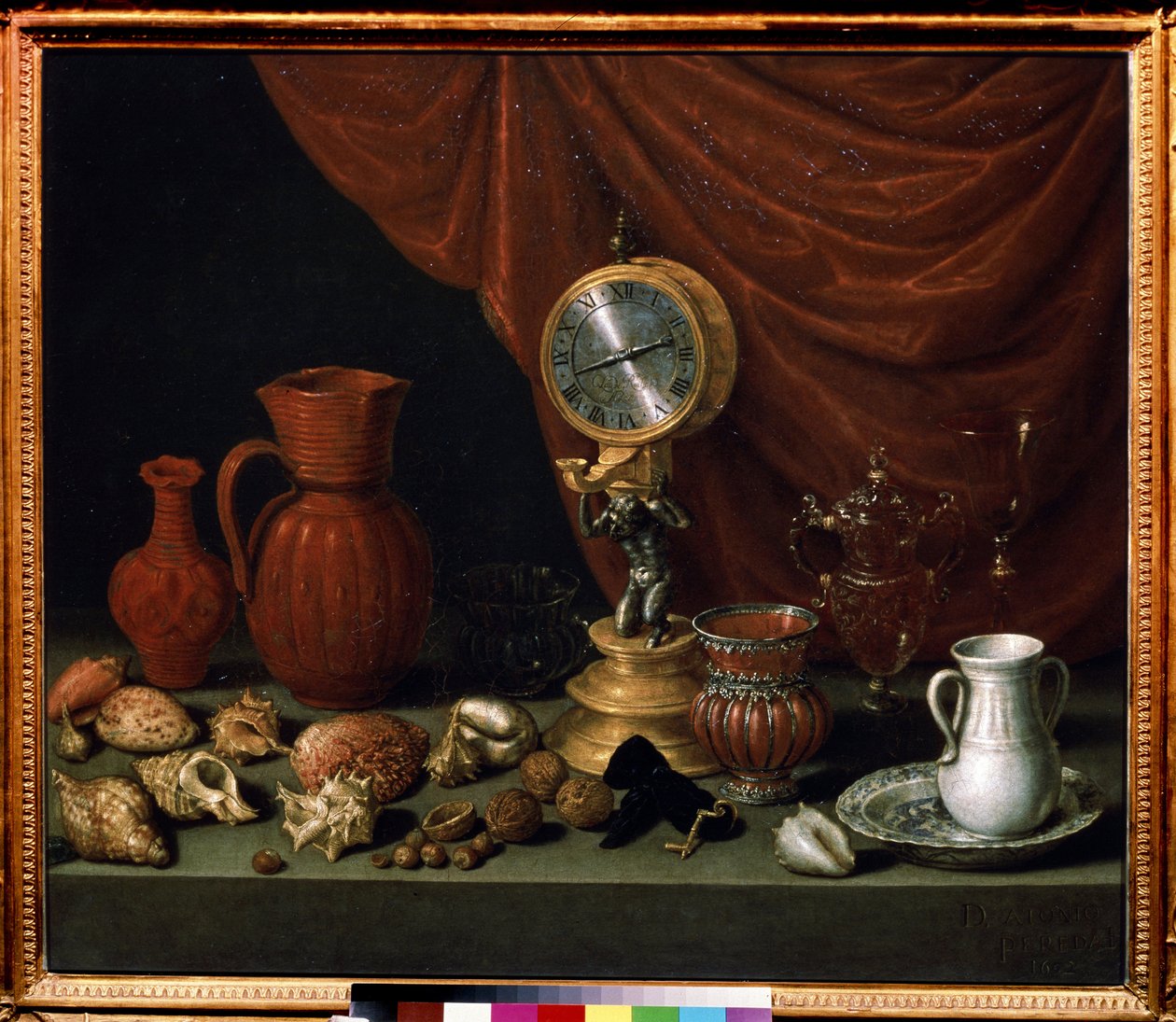 "Natureza morta com relógio" Pêndulo, jarro, conchas, nozes, cristal. Pintura de Antonio de Pereda y Salgado (1611-1678) 1652 Museu Pushkin, Moscou de Antonio Pereda y Salgado