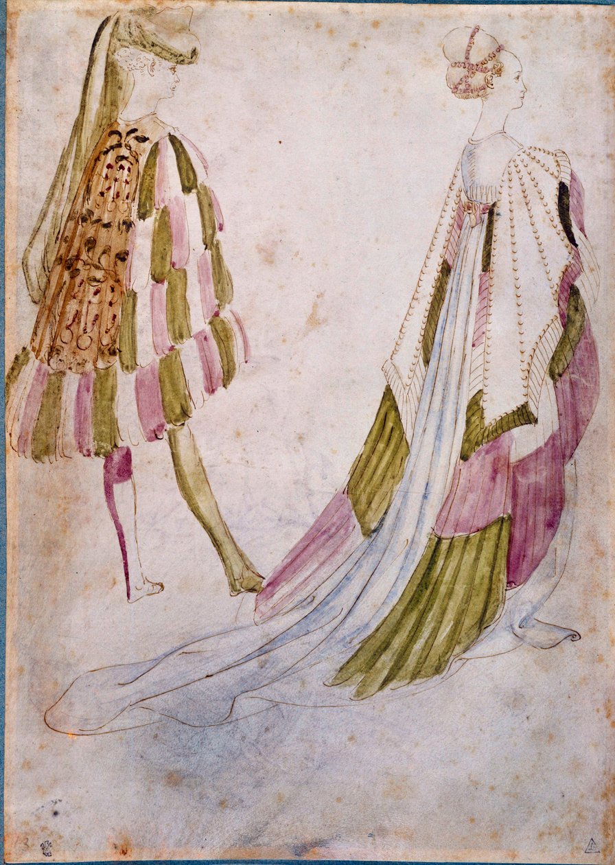 Um homem e uma mulher em roupa de tribunal Watercolour, pena e lavagem por Antonio di Puccio Pisano dit Pisanello (antes de 1395-1455) 1450 Sol. 0,27x0,19 m Chantilly, Musee Conde de Antonio Pisanello