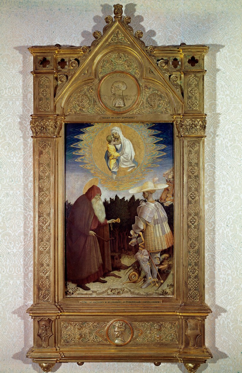 Aparição da Virgem a Santo Antônio Abade (Santo Antônio o Grande (250/251-356) (ou Santo Antônio o Eremita) e São Jorge. Pintura de Antonio di Puccio Pisano dit Pisanello (1395-1455) de Antonio Pisanello