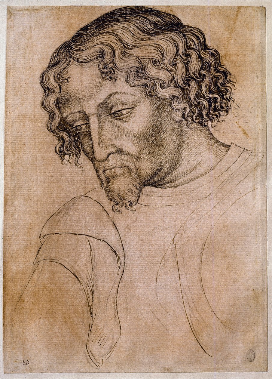 Busto de homem barbudo, três quartos da cabeça inclinada para a esquerda. Desenho da oficina Antonio di Puccio Pisano dit Pisanello (1395-1455). Pena (desenho), sangue. Dim: 28x20cm. Louvre, desenho firme. de Antonio Pisanello