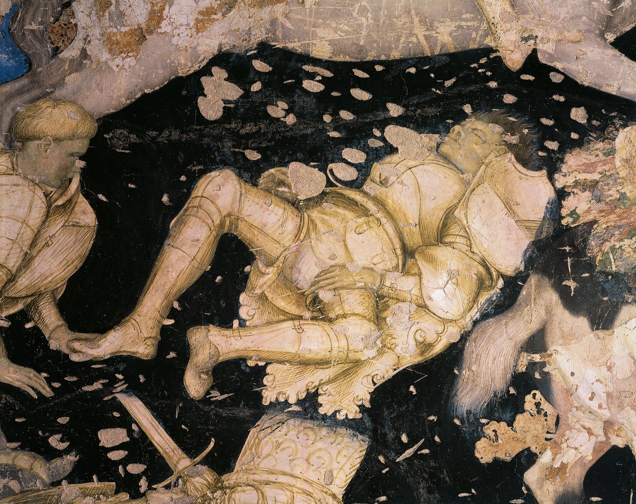 Assunto cavalheiresco, detalhe do Tournament-Battle of Louvezerp, de Antonio Pisanello (1395-1455), fresco. Palazzo Ducale, em Mântua. de Antonio Pisanello