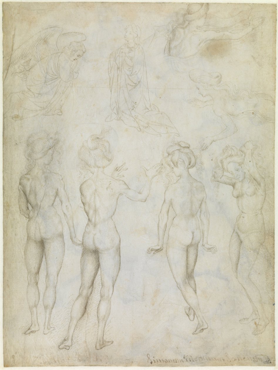 Quatro estudos de um nu feminino, uma Anunciação e dois estudos de uma mulher a nadar, c.1425 (ponta metálica, caneta e lápis em castanho sobre pergaminho) de Antonio Pisanello