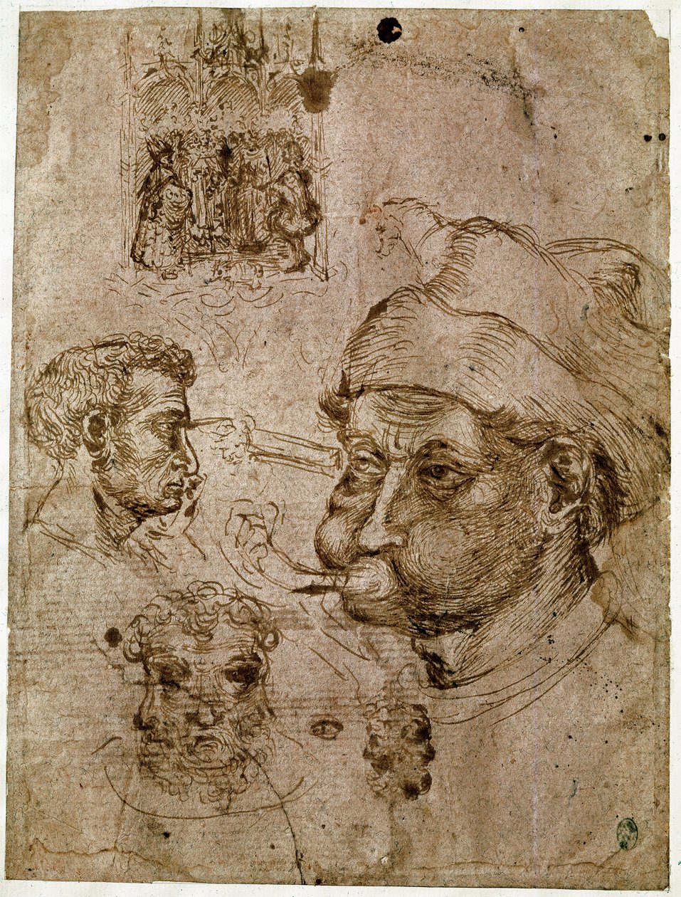 Quatro cabeças de homens, duas das quais com três caras. Um retábulo. Um cavalo. Desenhos da oficina de Antonio di Puccio Pisano dit Pisanello (1395-1455). Tinta marrom, caneta (desenho), sangue. Dim: 27,1x20,5cm. Louvre, Cabinet des medailles. de Antonio Pisanello