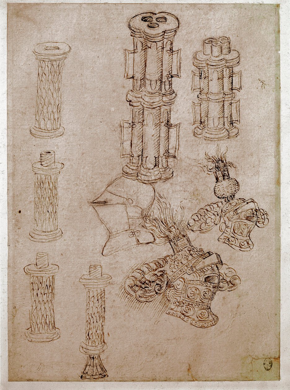 Três capacetes cobertos com coletes e duas peças de armas demolidas. Desenho de Antonio di Puccio Pisano dit Pisanello (1395-1455) Tinta marrom, pedra preta, pena. Dim: 28,7x20,6cm. Louvre, desenhando firme de Antonio Pisanello