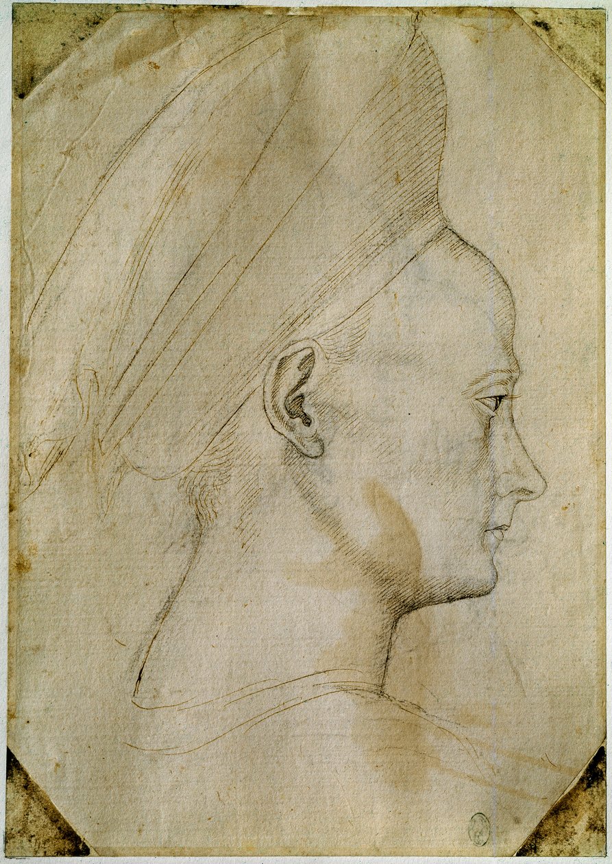A cabeça de uma jovem mulher, de perfil à direita. Desenho da oficina de Antonio di Puccio Pisano dit Pisanello (1395-1455). Tinta marrom, pedra preta, pena. Dim: 24,6x17,2 cm. Louvre, Cabinet des dessins. de Antonio Pisanello