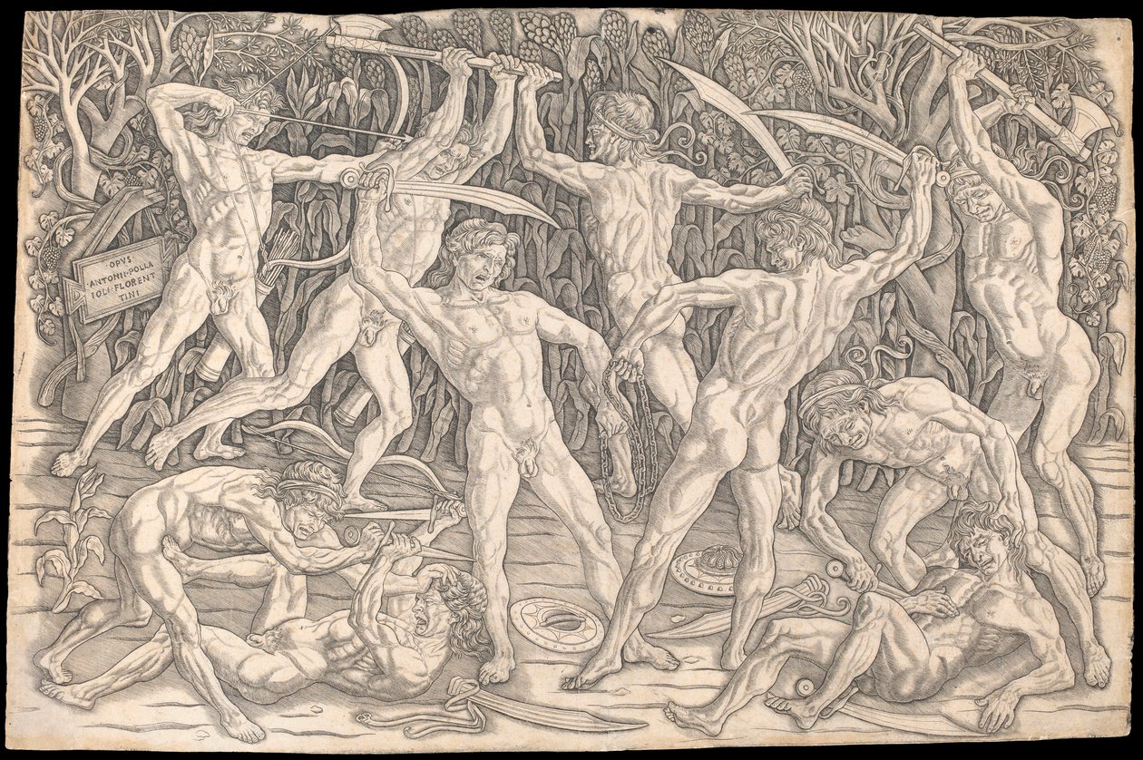 Batalha dos Nus por Antonio del Pollaiolo, c.1470-90 (gravura a p-b) de Antonio Pollaiuolo