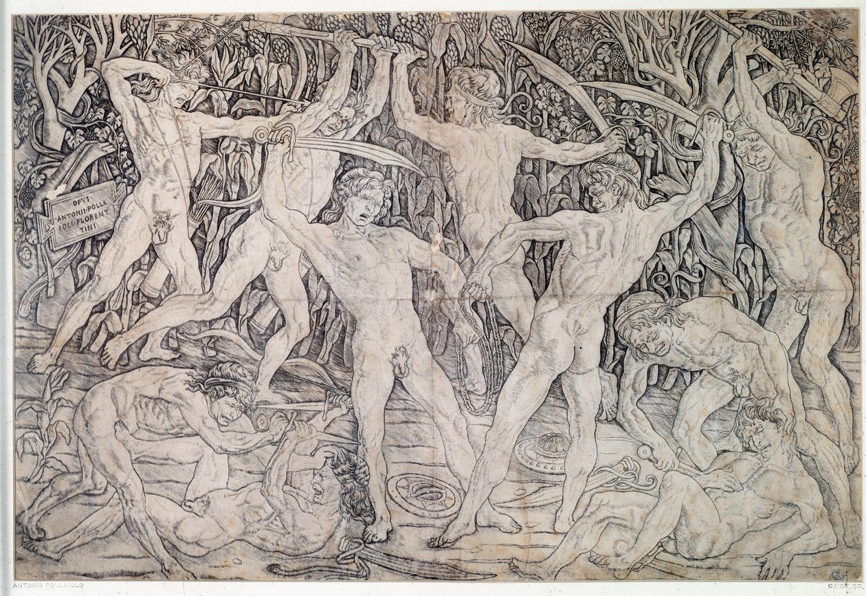 Luta de guerreiros nus Desenho de Antonio Pollaiolo (Pollaiuolo ou Benci) (ca. 1431-1498) 1470 Gabinetto Disegni e Stampe, Uffizi Florence de Antonio Pollaiuolo