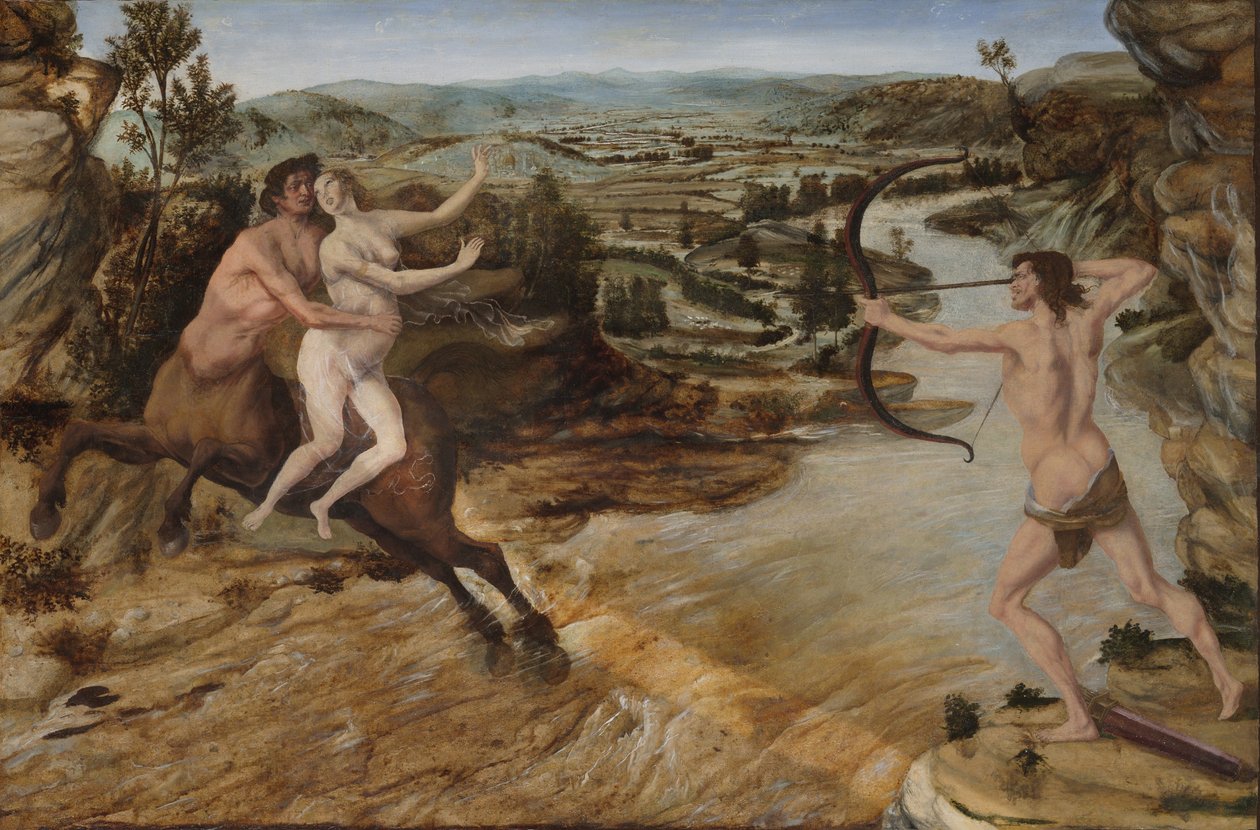 Hércules e Deianira, c.1475-80 (óleo sobre painel transferido para tela) de Antonio Pollaiuolo