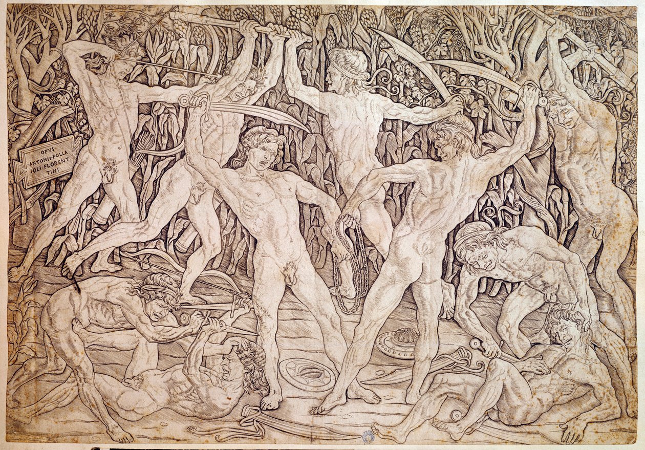 Homens nus lutam. Gravado por Antonio Pollaiuolo (Pollaiolo) (1432-1498) de Antonio Pollaiuolo
