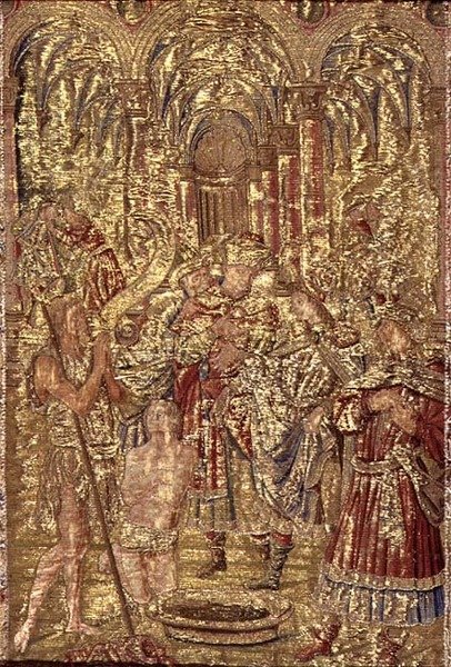 São João Batista anuncia a Missão de Cristo aos fariseus, tapeçaria retratando cenas da vida do santo (têxtil) de Antonio Pollaiuolo